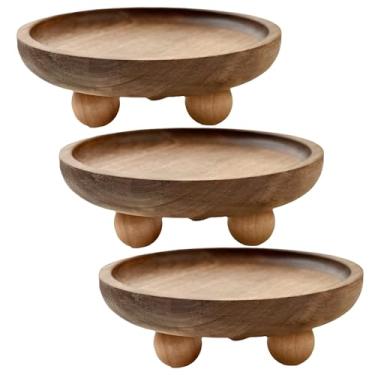 Imagem de 3 bandejas redondas de madeira natural com suportes de perna esférica – Conjunto de exibição rasa para decoração de casa, centros de mesa de vela, uso no banheiro