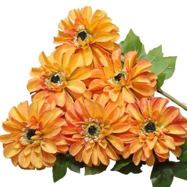 Imagem de EUEUZLT Crisântemos artificiais, flores falsas de 6 hastes para decoração de casa, flores de seda grandes semelhantes a zinnia em cores gradientes, 63 cm de comprimento para uso interno e externo