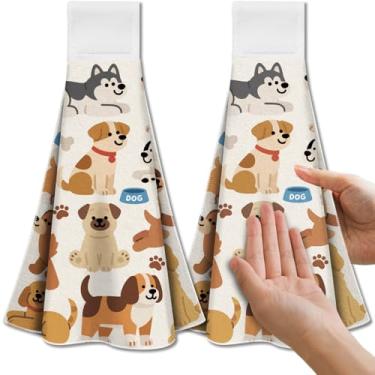 Imagem de CUTHOLLOW Toalhas de cozinha penduradas de cachorro de desenho animado com laço, conjunto de 2 - prato decorativo de microfibra macia e super absorvente e toalha de mão, chá, toalha de café para