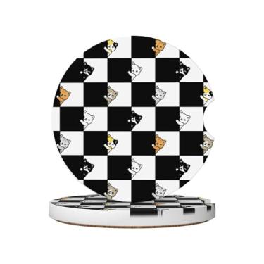 Imagem de Porta-copos de carro xadrez preto e branco para porta-copos, 2 porta-copos de carro para carro, porta-copos de carro absorvente de cerâmica com entalhe de dedo e base de cortiça, acessórios de