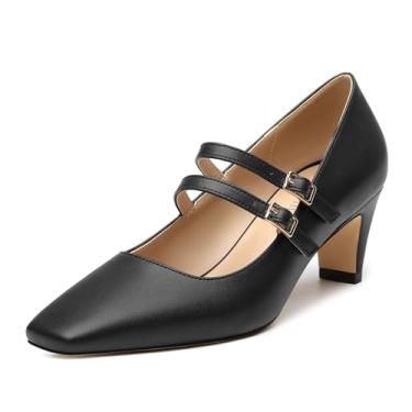 Imagem de GOFOURTHAT Sapato feminino Mary Janes salto bloco grosso bico quadrado fechado patente tiras duplas trabalho festa sapato social 5 cm, Preto fosco, 40