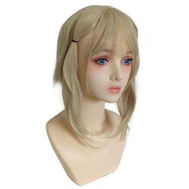 Imagem de Peruca de cosplay de anime curta loira com franja lateral de 35 cm - y
