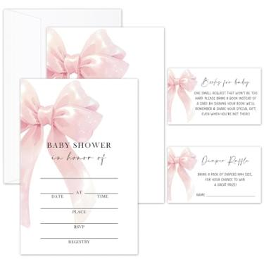 Imagem de ZARYFANCHY Conjunto de convites para chá de bebê, convites de chá de bebê com laço rosa para meninas, 25 convites com envelopes, cartões de solicitação de livro e ingressos de sorteio de fraldas