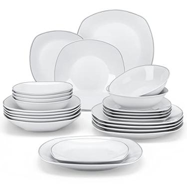 Imagem de MALACASA Conjunto de jantar para 6 pessoas, conjunto de pratos e tigelas de porcelana branca de 24 peças com borda prateada com prato de jantar de 6 peças, prato de sopa, prato lateral, tigela de