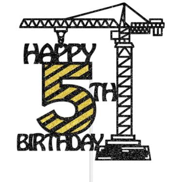 Imagem de Happy 5th Birthday Cake Topper, Construction Boy 5th Birthday Party Decorations, Dump Truck Party Decor for Kids, I’m 5 and Digging it Decoration Black Glitter
