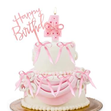 Imagem de Vela de laço rosa número 4 para bolo de aniversário com 6 fitas - Decoração de aniversário rosa grande com glitter de 7 cm para festa de 4 anos, aniversário e artigos de festa de meninas