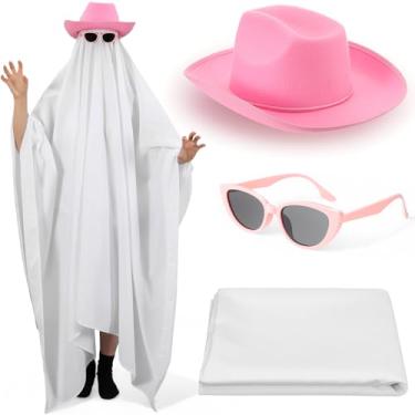 Imagem de Simlakey 3 peças fantasia de fantasma de Halloween rosa pastel chapéu de cowboy de feltro grande óculos branco assustador roupa para cosplay adulto DIY