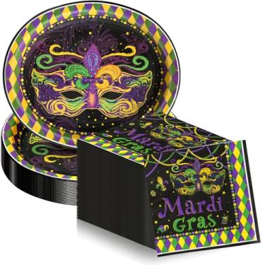 Imagem de Dereinwo 50 peças de pratos e guardanapos ovais para festa de carnaval grande, 30,5 x 25,4 cm, pratos e guardanapos de papel descartáveis resistentes para artigos de festa de carnaval