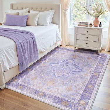 Imagem de RELEANY Tapetes de área 1,2 m x 1,8 m, lavável, antiderrapante, estampa floral, vintage, tapete medalhão para sala de estar, quarto, sala de jantar, roxo claro e marrom