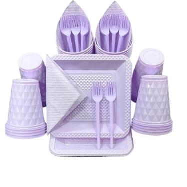 Imagem de Kit Festa Aniversario 180 Itens Candy Descartavel Diamante Premium C/Pratos Copos Garfinho Cor Pastel Azul Rosa Amarelo (Lilas Candy)