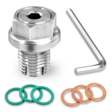Imagem de M14,1-1,5 mm Bujão de drenagem de óleo de aço inoxidável autorroscante kit de reparo de rosca de cárter de óleo com arruelas de vedação de vedação e chave hexagonal para carro e motocicleta