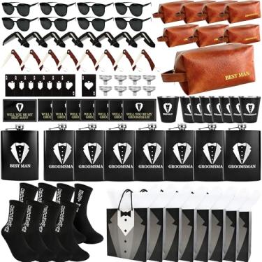 Imagem de Conjunto de 8 conjuntos de presentes de padrinhos padrinhos conjunto de presentes com cantil copos de shot funil saco de armazenamento cartão pente faca óculos de sol abridor de garrafas saco meias