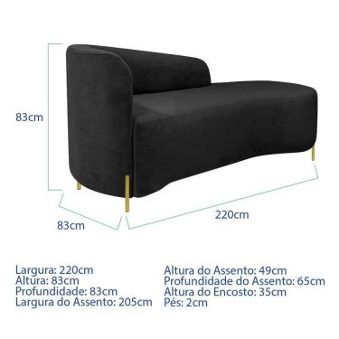 Imagem de Divã Recamier Orgânico França 220cm Lado Dir Pés Metal Dourado Linho Cor Preto