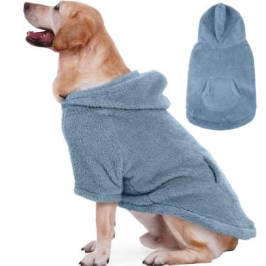 Imagem de IDOMIK Suéter Fuzzy Dog com capuz ajustável, suéter de lã quente para cachorro com orifício e bolso, pulôver para cães grandes, moletom com capuz felpudo para outono inverno e Natal, azul, 3GG
