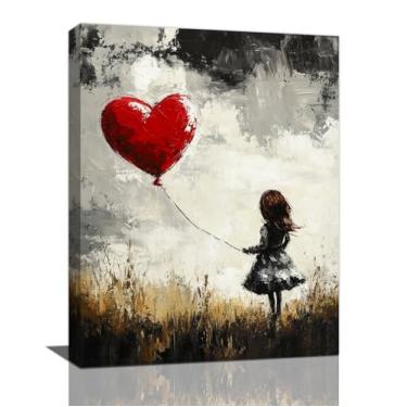 Imagem de Arte de parede Banksy Girl, decoração de parede com imagens pretas e vermelhas, impressões em tela de balão de grafite, pintura de coração, arte emoldurada para banheiro, sala de estar, quarto