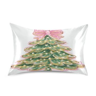 Imagem de ATTX Fronha de almofada de árvore de Natal com laço rosa com fecho de envelope para cabelo e pele, macia, respirável, suave, ambos os lados, capa de almofada de seda refrescante (tamanho padrão 50 x
