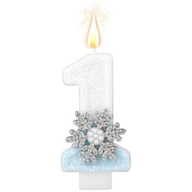 Imagem de Vela de Aniversário com Tema de Neve, Velas com Números Brilhantes Em Azul e Branco Toppers Bolo Estilo Inverno para Aniversários Comemorações Suprimentos para Festas Decoração (Número 1)