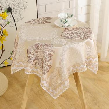 Imagem de Toalha de mesa quadrada pequena bordada de renda floral vintage estilo francês toalha de mesa com macramê chique capa de mesa para casamento, aniversário, cozinha, decoração de casa, marrom, 99 x 99