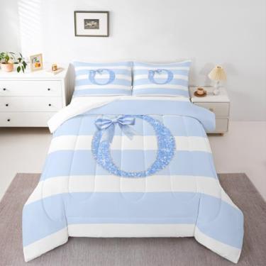Imagem de Erosebridal Conjunto de edredom com laço fofo, tamanho casal, monograma, letra O, com glitter, para quarto de crianças, adolescentes, adultos, mulheres, azul e branco