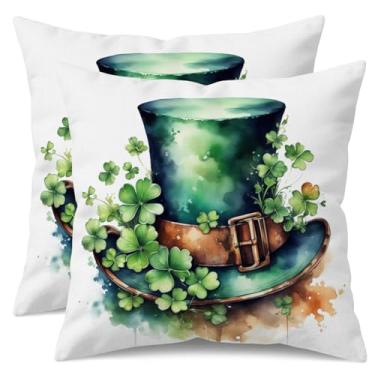 Imagem de UZFNY Conjunto de 2 capas de almofada de dia de São Patrício 45,7 x 45,7 cm, chapéu de duende verde e trevo, capas de almofada dupla face trevo da sorte para sofá, sofá, decoração de casa de férias de