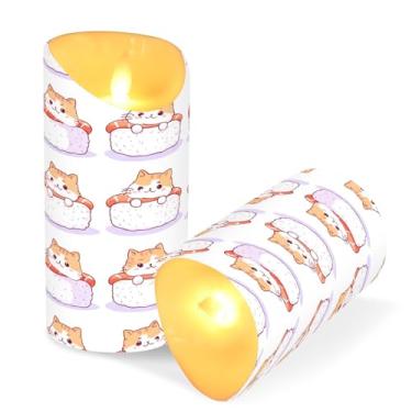 Imagem de Blueangle Pacote com 2 velas de gato sushi sem chama com controle remoto e temporizador, velas LED cintilantes (7,6 cm x 15 cm) para decoração de casa, casamento, acampamento (486)