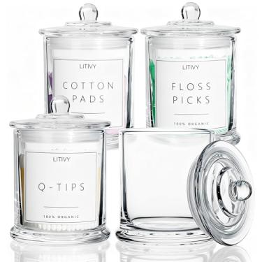 Imagem de LITIVY Pacote com 4 organizadores e armazenamento de banheiro – Suporte Qtip de vidro de 473 ml e dispensador de almofada de algodão com tampa, frascos de boticário para casa, decoração de quarto