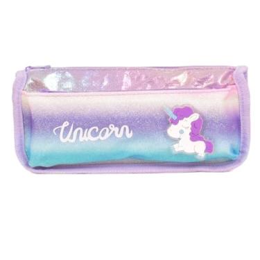 Imagem de Estojo Escolar Unicórnio Holográfico, Duplo Compartimento | Duas divisórias, 20x6x9cm, Brilhante com Glitter, (ROXO)