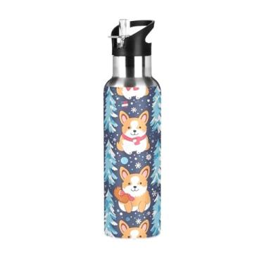 Imagem de Wassud Garrafa de água esportiva Corgi Christmas Print 1000 ml com isolamento a vácuo de aço inoxidável com tampa de canudo à prova de vazamento, copo portátil para academia e viagem
