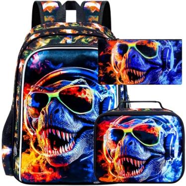 Imagem de HPJGD Mochila de dinossauro com 3 peças, resistente à água, com lancheira, mochila escolar de 43 cm para adolescentes do ensino fundamental – óculos de sol de dinossauro