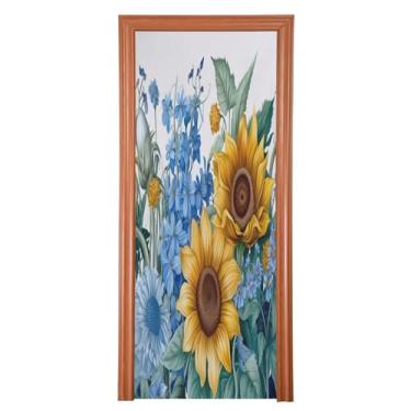 Imagem de Wassud Capa para porta, girassóis e bluebells grandes 96 x 98 polegadas (2) decoração, faixa elástica para porta interna externa para porta da frente da varanda