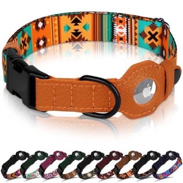 Imagem de Coleira para cães AirTag com fivela de metal - Coleira de couro macio de nylon impresso com suporte Apple AirTag - Coleiras de rastreamento seguro para animais de estimação para meninas e meninos