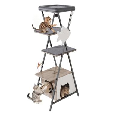 Imagem de HavenlyYouth Árvore de gato de pelúcia com rede para caixa de areia inteligente, torre de árvore de gato de vários níveis com poleiro e móveis aconchegantes para escalada e arranhões, casa cinza claro