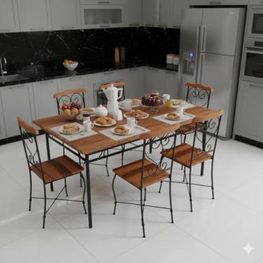 Imagem de Mesa Jantar 6 Lugares Retangular Grande Confortável Para até 150kg Ferro com Pintura Eletrostática Anti Ferrugem Madeira Maciça Premium Anti Cupim (1 Mesa 120x80, 6 Cadeiras)