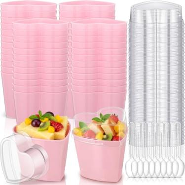Imagem de Sliner Pacote com 48 copos de sobremesa em forma de coração com tampas e colheres recipiente de plástico para sobremesa de 142 g mini aperitivo copos de parfait recipiente atirador para festa de