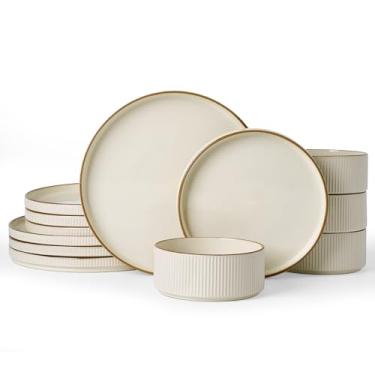 Imagem de Famiware Star Conjunto de louça, pratos e tigelas para 4 (12 peças), pratos de grés canelados com acabamento – resistente a lascas e arranhões, seguro para micro-ondas e lava-louças, creme
