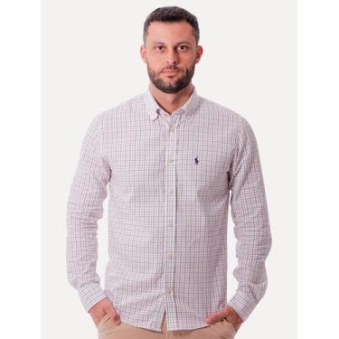 Imagem de Camisa Ralph Lauren Masculina Custom Fit Tattersal Navy Red Line Branc