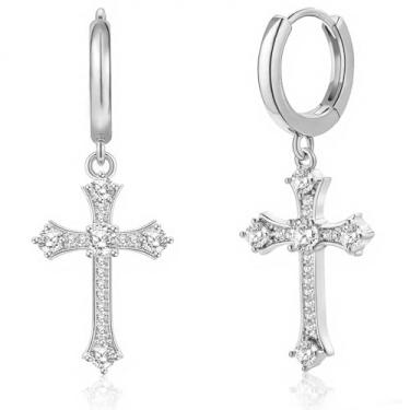 Imagem de FEEL STYLE Brincos cruzados banhados a ouro 14K banhado a ouro branco para mulheres e homens, hipoalergênicos, delicados, leves, pequenos brincos de argola, Metal, Zircônia cúbica