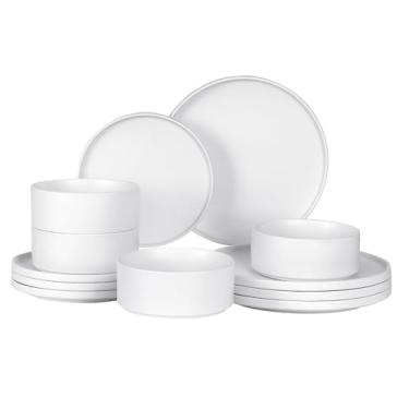 Imagem de GZG Conjunto de louça de cerâmica para 4,12 peças de grés de estilo moderno, prato e tigela para micro-ondas e lava-louças, resistente a arranhões (branco marfim, conjunto (12 peças))