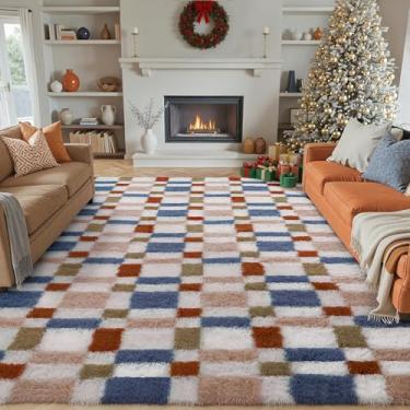 Imagem de HUGEAR Tapete quadriculado 15 x 23 cm para sala de estar, arco-íris, moderno, lavável, tapete de área grande, super macio, tapete felpudo fofo aspirável para quarto, decoração de casa, antiderrapante