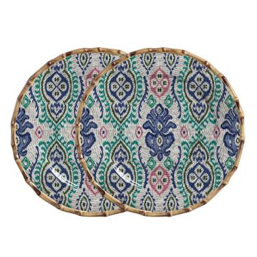 Imagem de Jogo 2 Sousplat Redondo De Cerâmica Borda De Bambu Maison Blanche Mykonos 35cm
