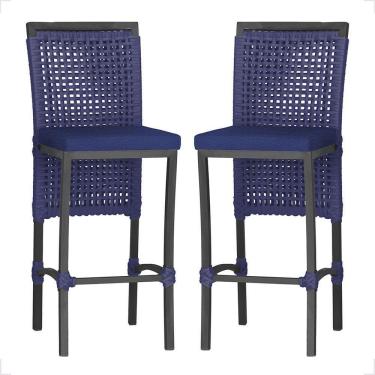 Imagem de 2 Banqueta Em Alumínio Roma Preta Corda Náutica Tecido 10 Azul