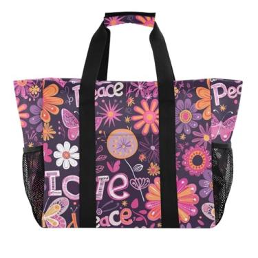 Imagem de ODAWA Bolsa de praia portátil aberta para mãe, flores hippie roxas, impermeável, bolsa de praia para piscina, Flores hippie roxas, One Size