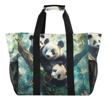 Imagem de ODAWA Linda bolsa de praia dobrável com borboletas Pandas para viagens e compras de supermercado, Borboletas Pandas fofas, One Size