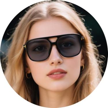 Imagem de Óculos de sol aviador para homens e mulheres, óculos de sol modernos de topo plano com lentes largas, óculos estilo piloto retrô para dirigir e viajar, Moldura preta