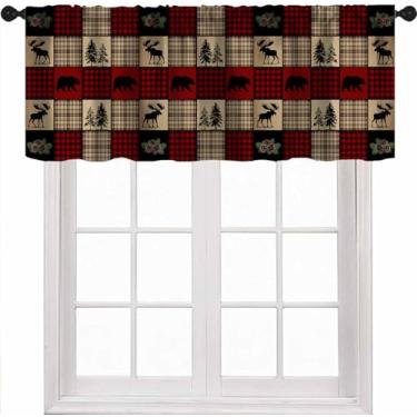 Imagem de DKMQQUL Cortinas rústicas para cabana de cabana, vintage, vermelho, preto, xadrez, urso, veado, animal, caça, pequenas sanefas curtas para cozinha, sala de estar, quarto, sala de jantar, 1 painel, 137