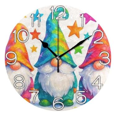 Imagem de Relógio de parede analógico decorativo redondo sem tique-taque silencioso relógio de cozinha rústico, decoração de parede de sala de estar moderna, gnomos fofos coloridos branco, 25 cm, ponteiros