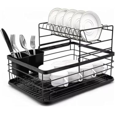 Imagem de Escorredor de Louças 2 Andares, Preto Fosco, Organizador de Cozinha com Suporte para Pratos e Talheres