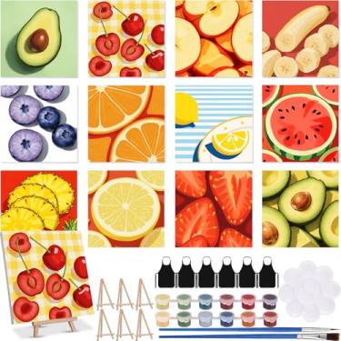 Imagem de MotiMind 12 conjuntos de pintura emoldurada de frutas por número kit para adultos com 12 cavaletes de madeira, 12 aventais descartáveis, 12 pigmentos 12 pincéis, 12 paletas, kits de tinta acrílica DIY