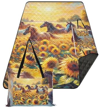 Imagem de TSENQUE Manta de praia à prova de areia, girassóis, cavalos, impermeável, tapete de piquenique, cobertor floral fofo de acampamento para grama, 203 x 152 cm