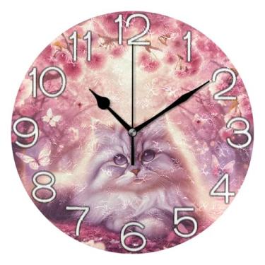 Imagem de GAIGEO Relógio de parede analógico decorativo operado por bateria relógio de cozinha fofo, decoração de parede moderna para sala de estar, flor de cerejeira, gato, rosa, 25 cm, ponteiros pretos